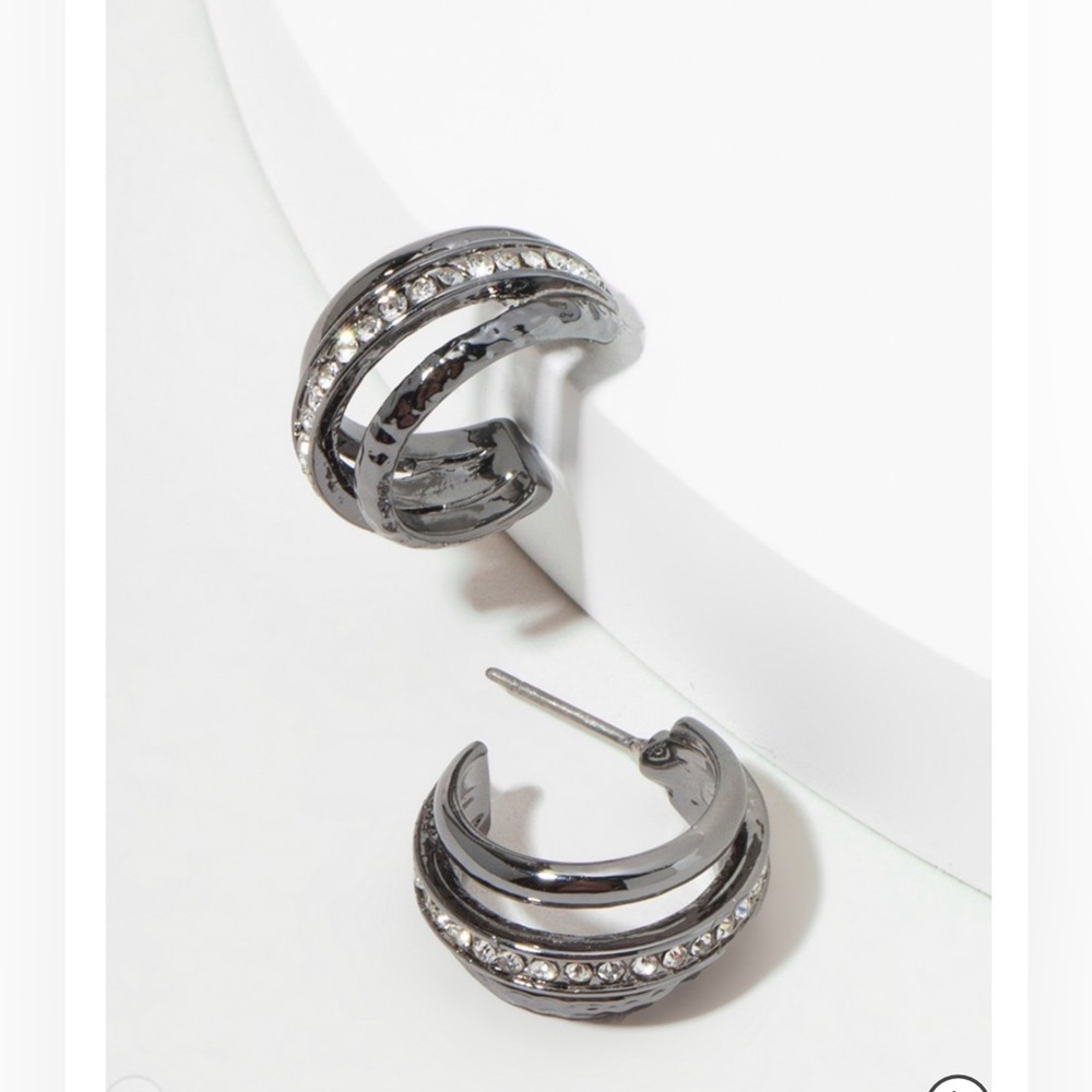 New Francesca's Claudia Hematite Silver Tone Rhinestone Hoop Earrings